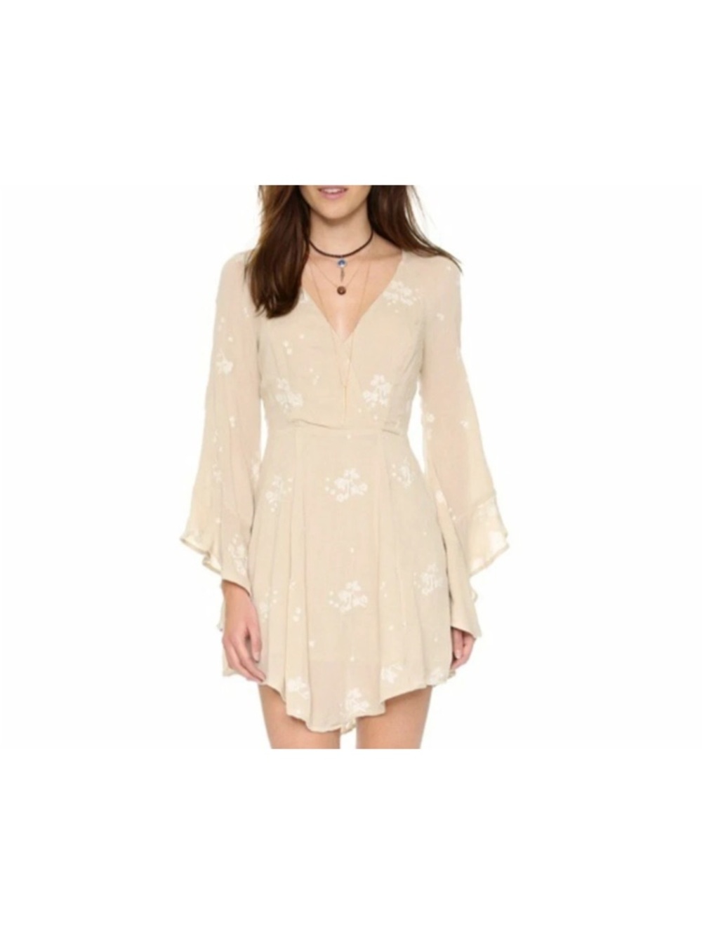 Free People Jasmine Cream Floral V-Neck Mini Dress with Bell Sleeves